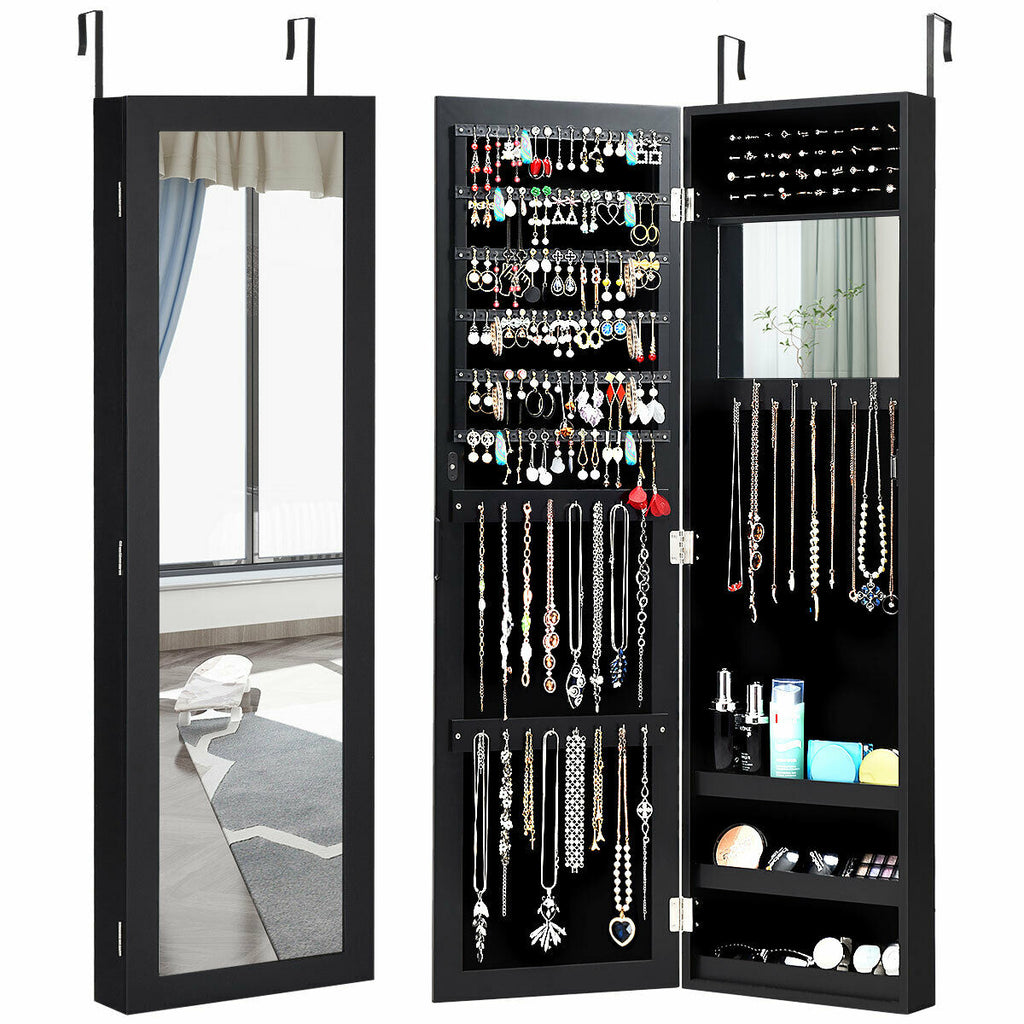 Lockable Wall-Mounted Jewelry Cabinet with LED Lights - Brown