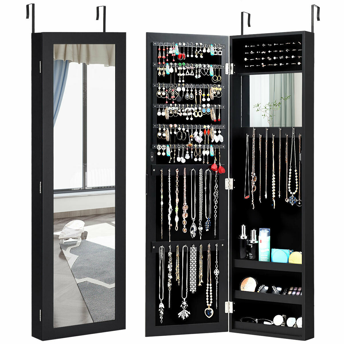 Lockable Wall-Mounted Jewelry Cabinet with LED Lights - Brown