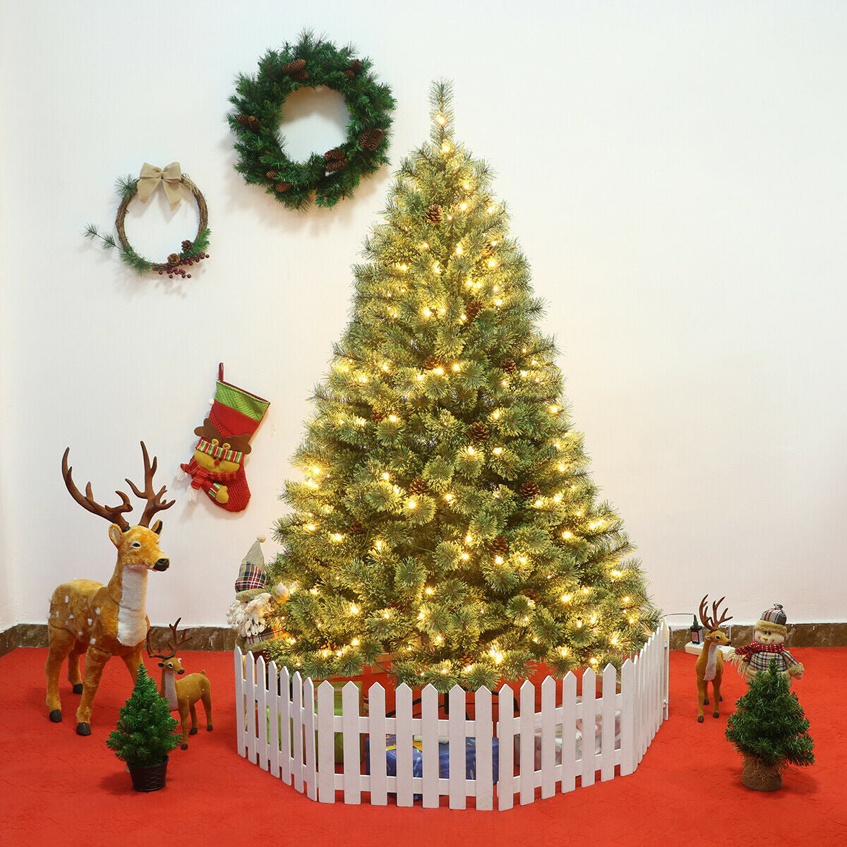 6 Ft Pre-Lit Artificial Christmas Pine Tree with LED Lights & Pinecones