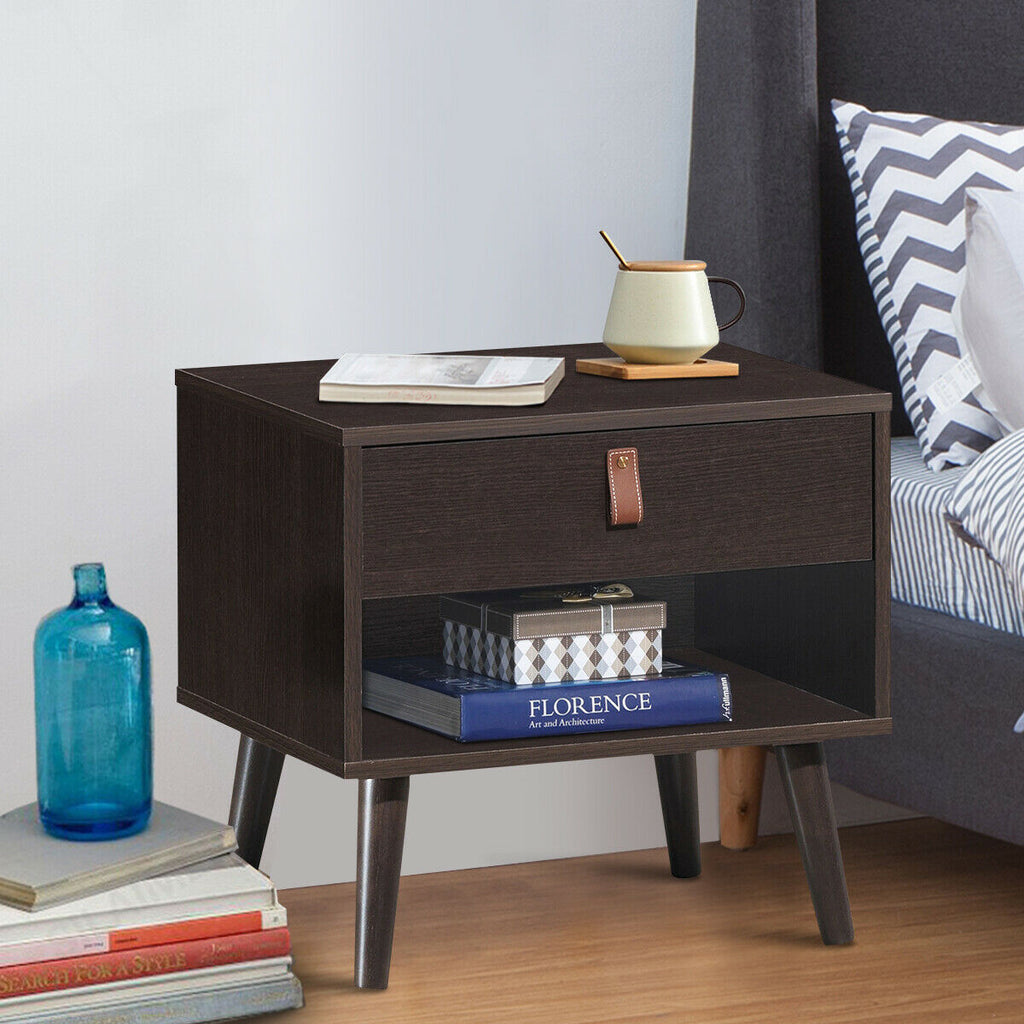 Mid-Century Nightstand with Drawer & Shelf Storage - Brown