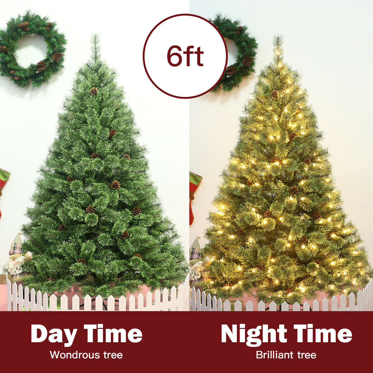 6 Ft Pre-Lit Artificial Christmas Pine Tree with LED Lights & Pinecones