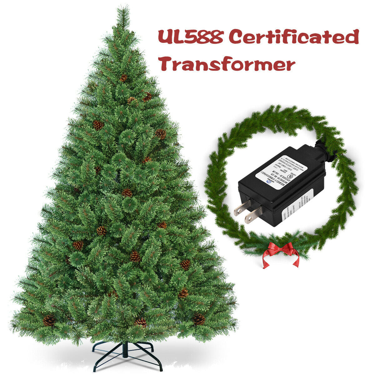 6 Ft Pre-Lit Artificial Christmas Pine Tree with LED Lights & Pinecones