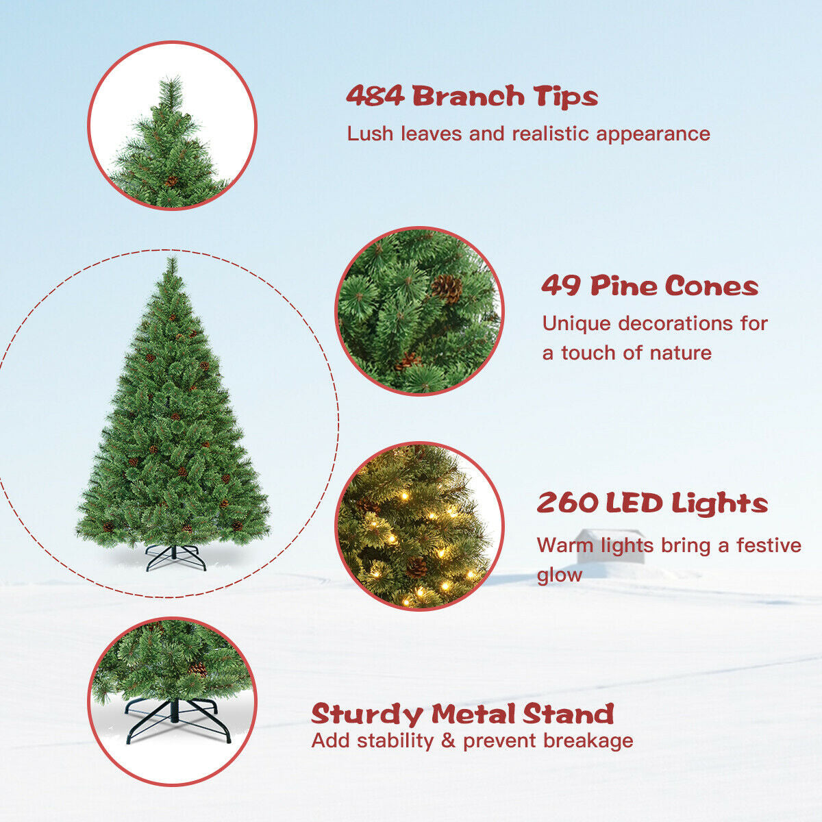 6 Ft Pre-Lit Artificial Christmas Pine Tree with LED Lights & Pinecones
