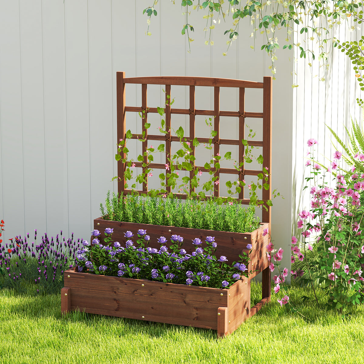 Raised Garden Bed with Trellis - 2-Tier, Rustic Brown