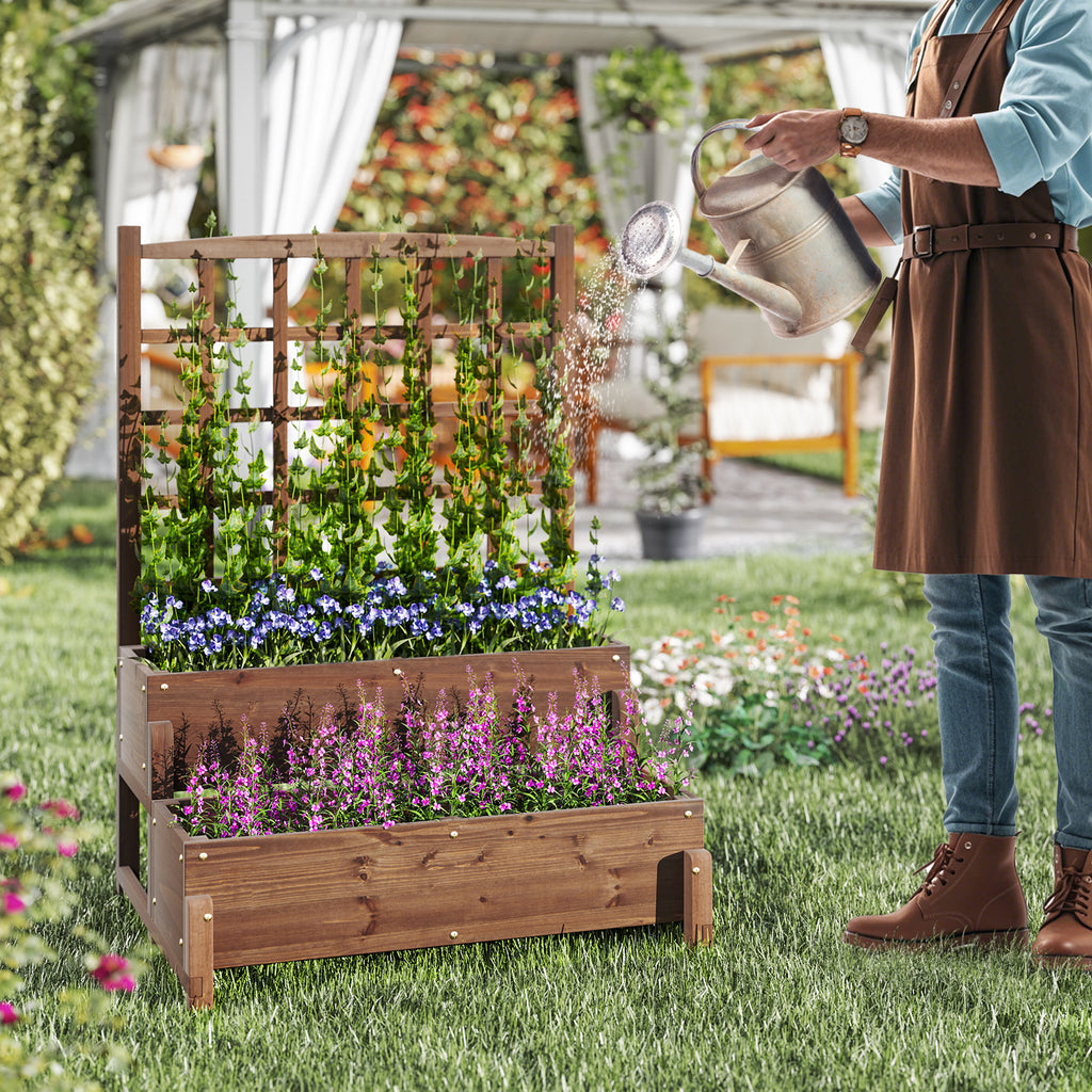 Raised Garden Bed with Trellis - 2-Tier, Rustic Brown