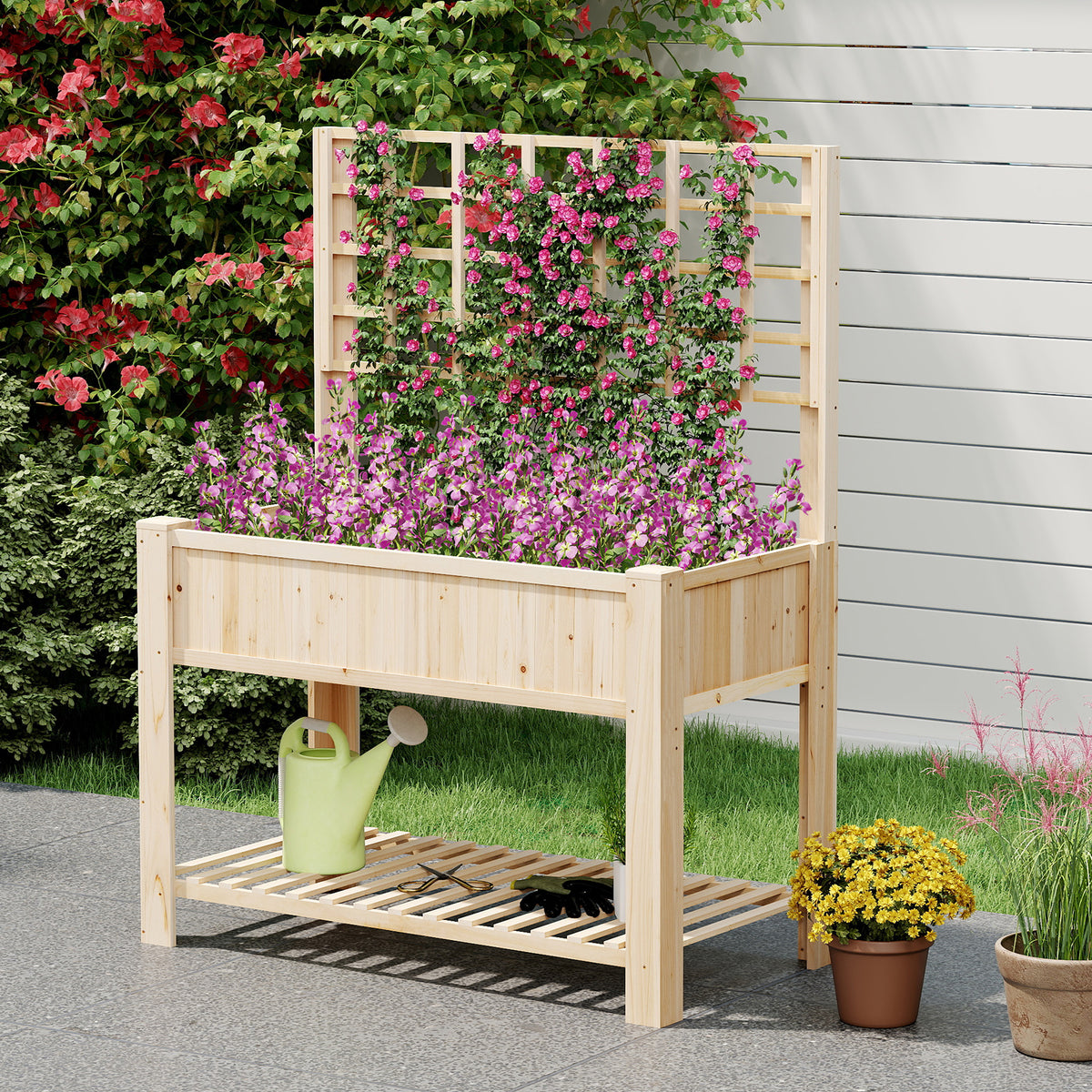 Raised Garden Bed with Trellis - Natural Wood Planter