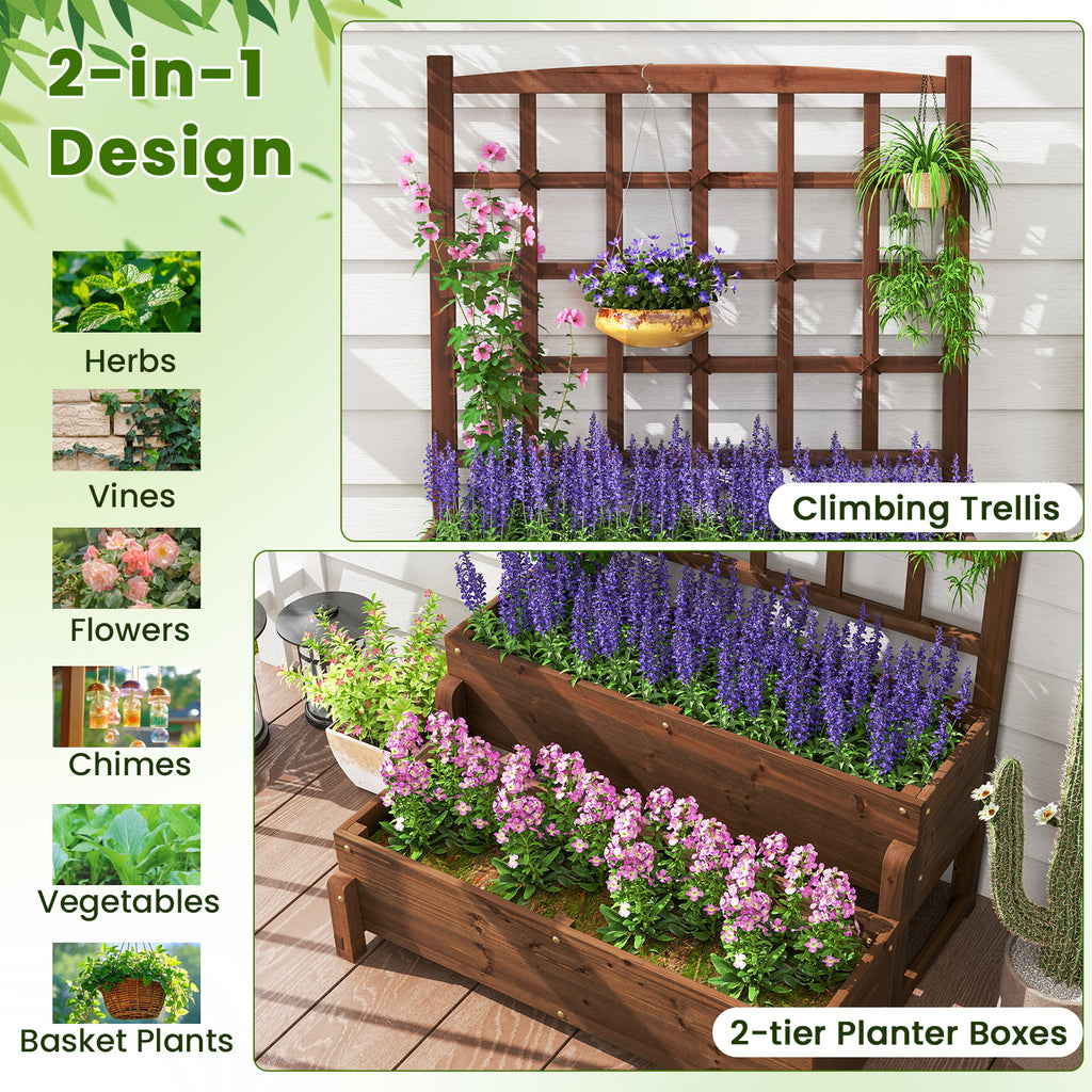 Raised Garden Bed with Trellis - 2-Tier, Rustic Brown