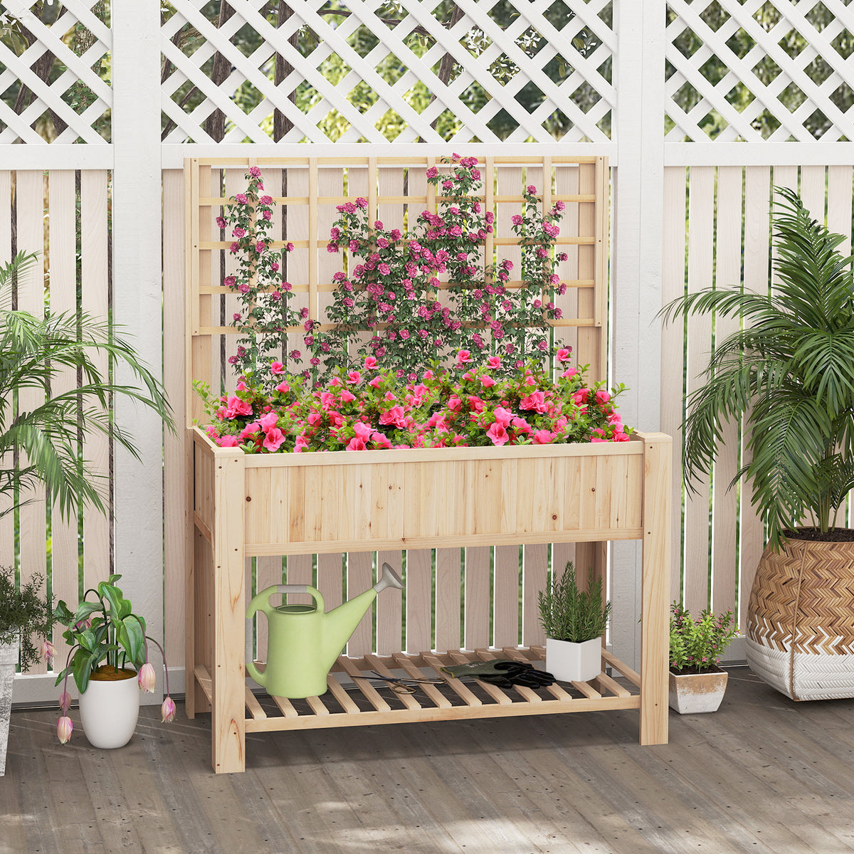 Raised Garden Bed with Trellis - Natural Wood Planter