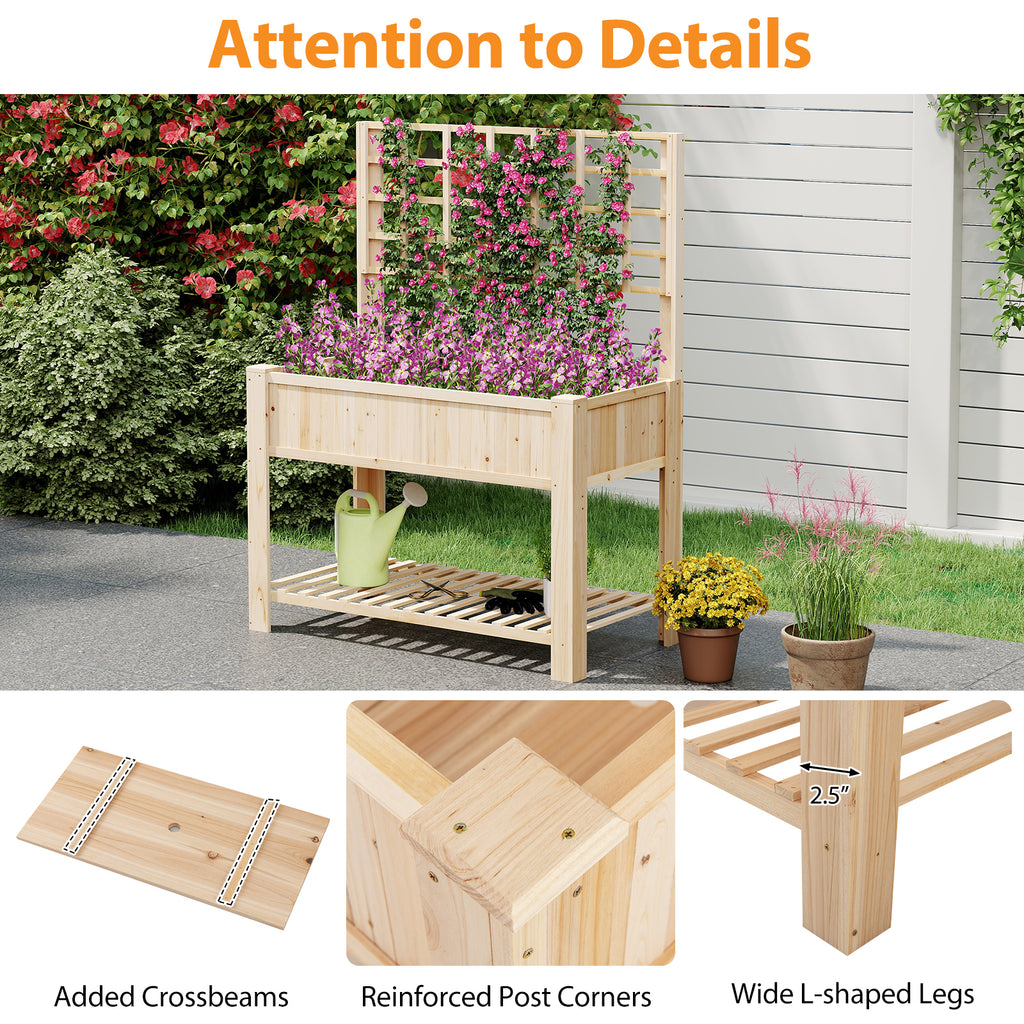 Raised Garden Bed with Trellis - Natural Wood Planter