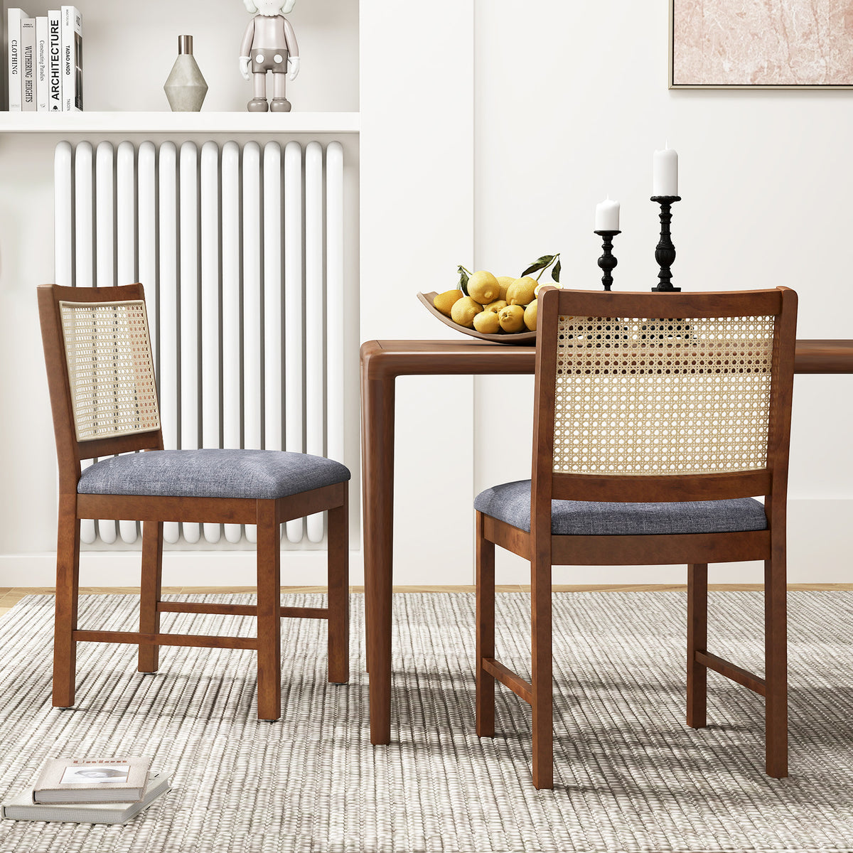 Rattan Dining Chair Set of 2, Walnut - Linen Padded Seat