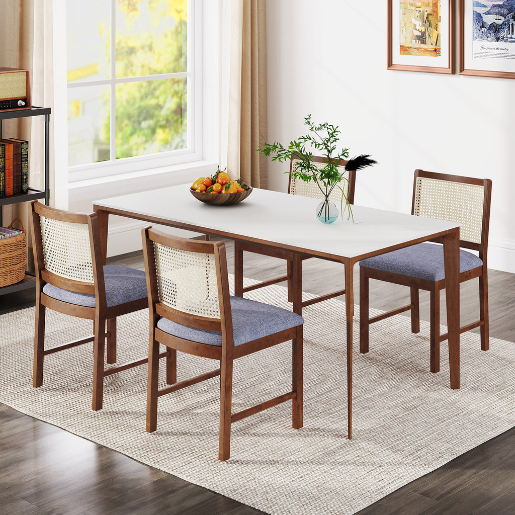 Rattan Dining Chair Set of 2, Walnut - Linen Padded Seat
