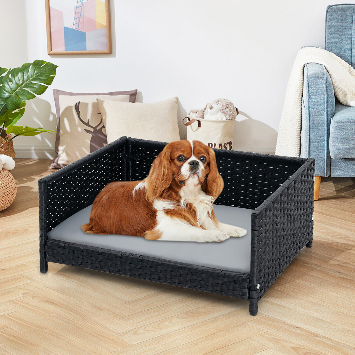 Rattan Dog Bed with Waterproof Soft Cushion - Gray, Medium Small Pets