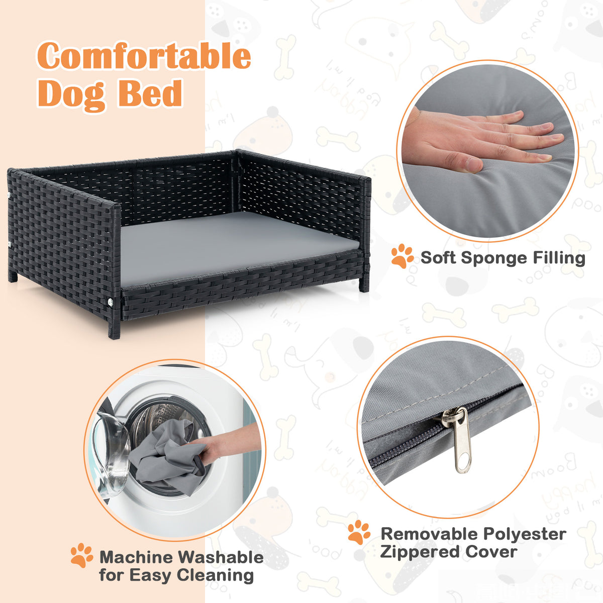 Rattan Dog Bed with Waterproof Soft Cushion - Gray, Medium Small Pets