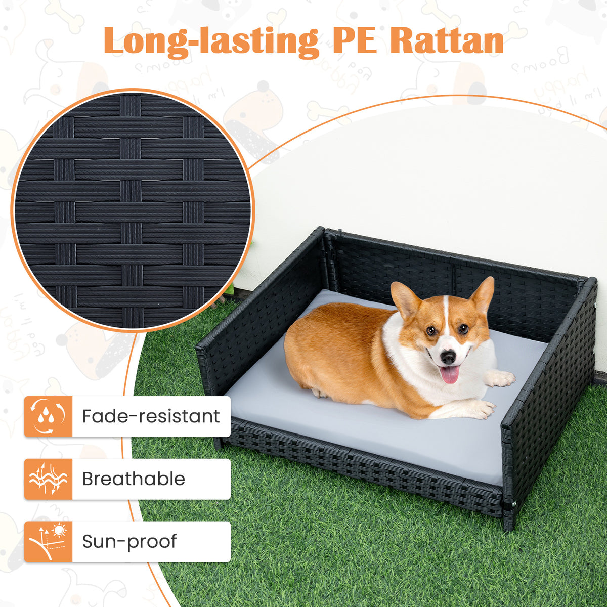 Rattan Dog Bed with Waterproof Soft Cushion - Gray, Medium Small Pets
