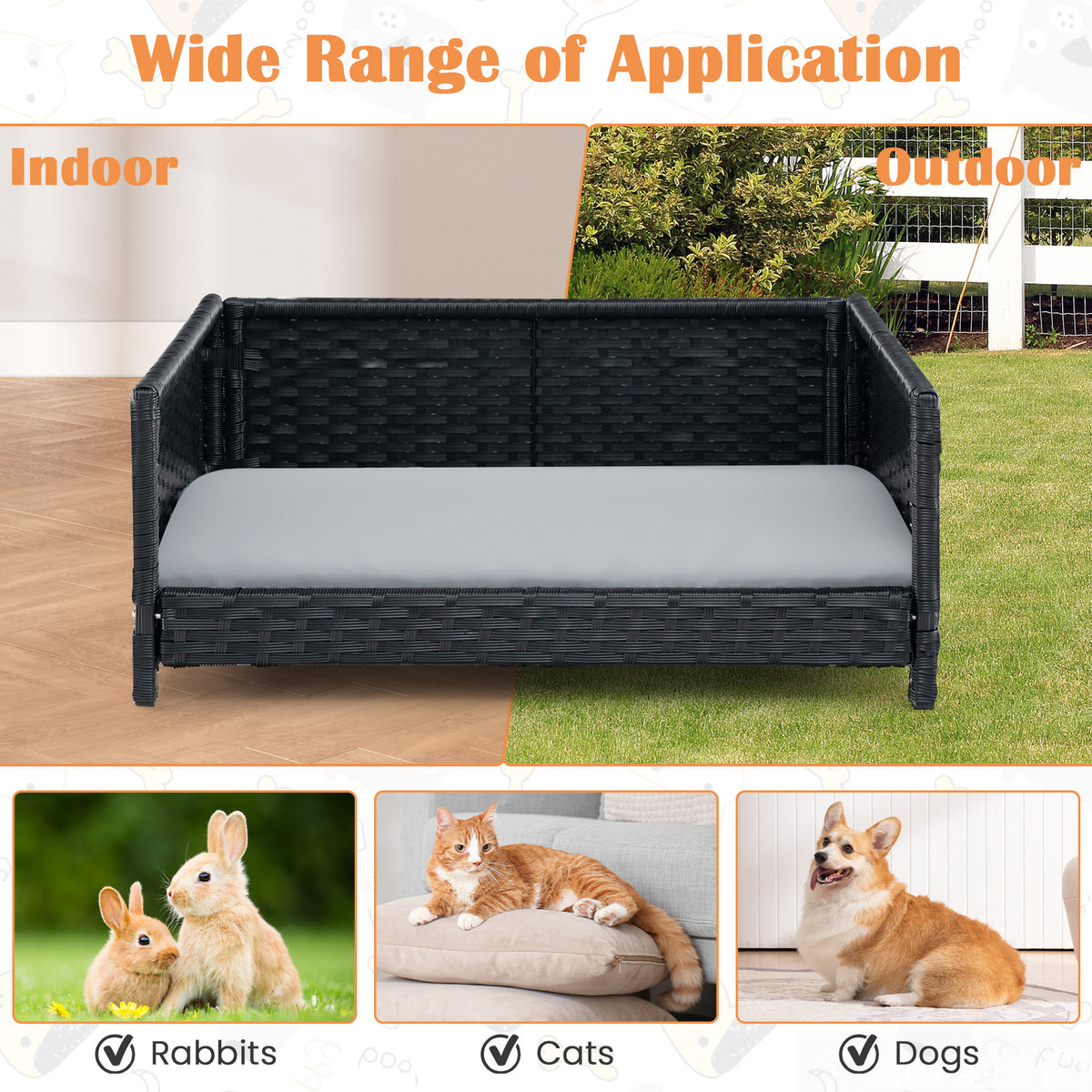 Rattan Dog Bed with Waterproof Soft Cushion - Gray, Medium Small Pets