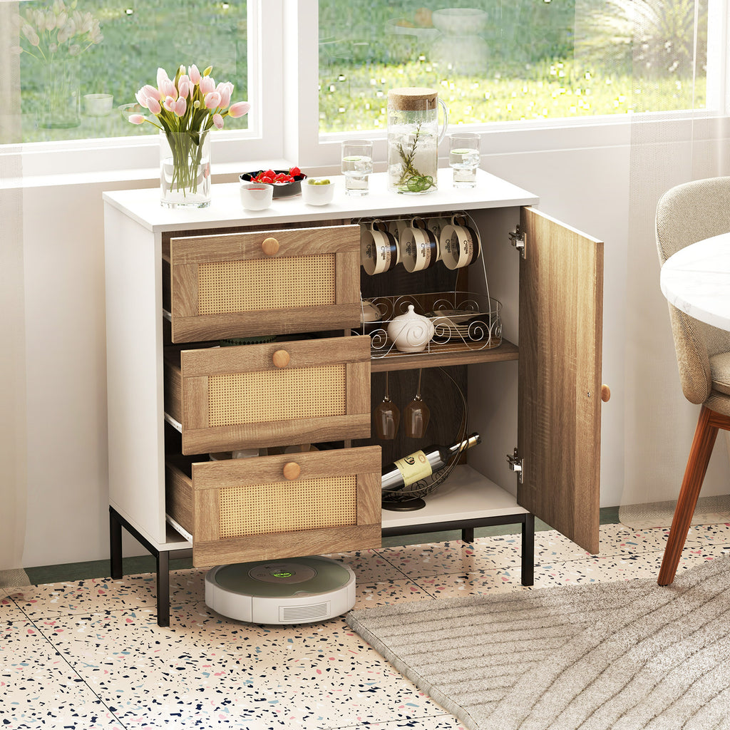 Rattan Sideboard Buffet Cabinet 1 Door 3 Drawers - White