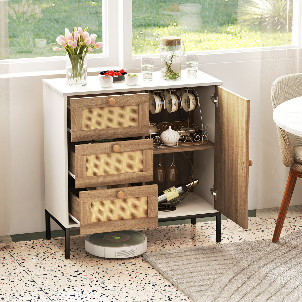 Rattan Sideboard Buffet Cabinet 1 Door 3 Drawers - White