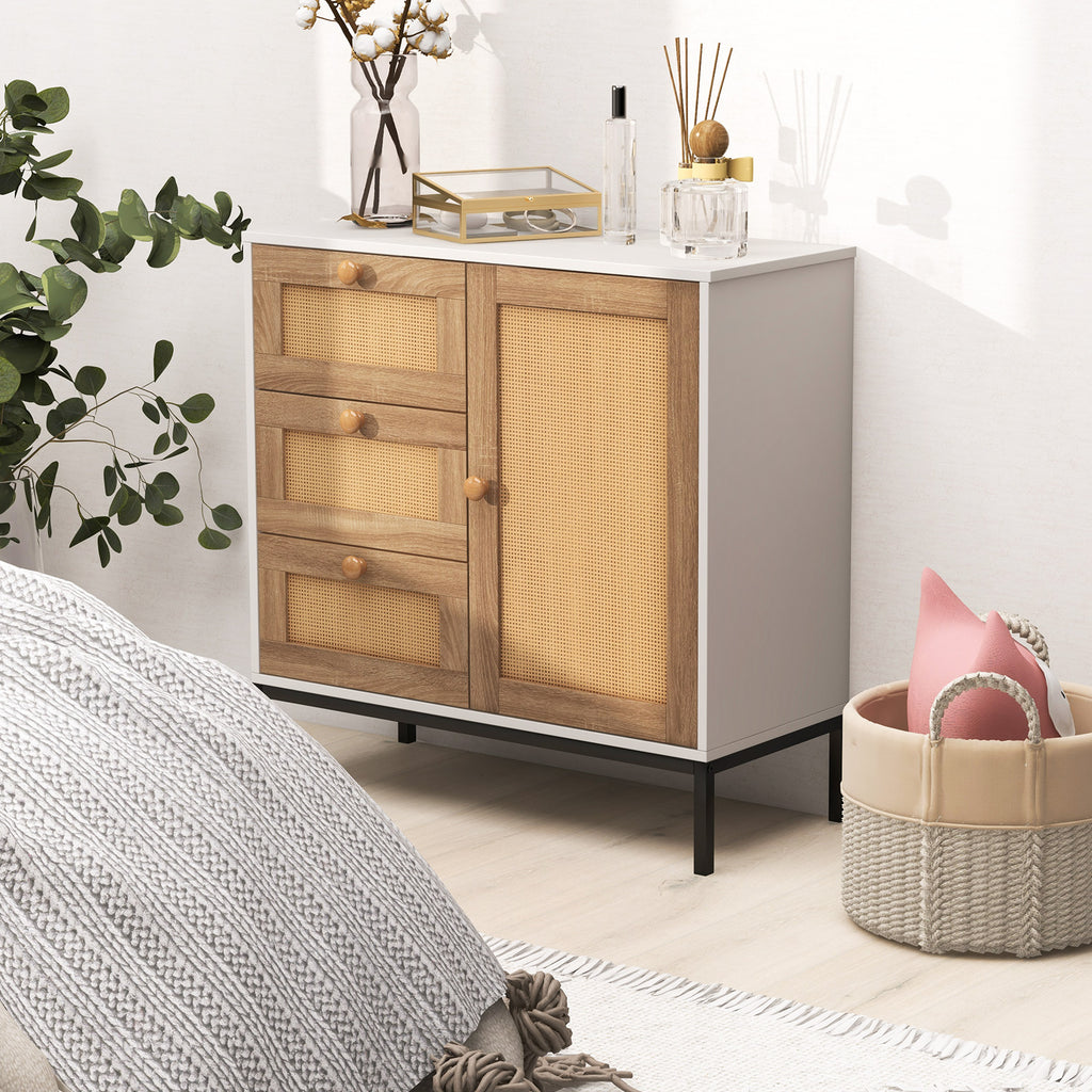 Rattan Sideboard Buffet Cabinet 1 Door 3 Drawers - White