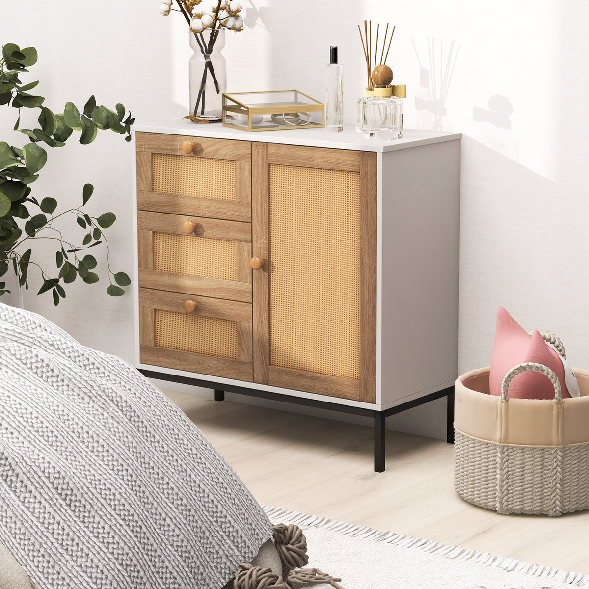 Rattan Sideboard Buffet Cabinet 1 Door 3 Drawers - White