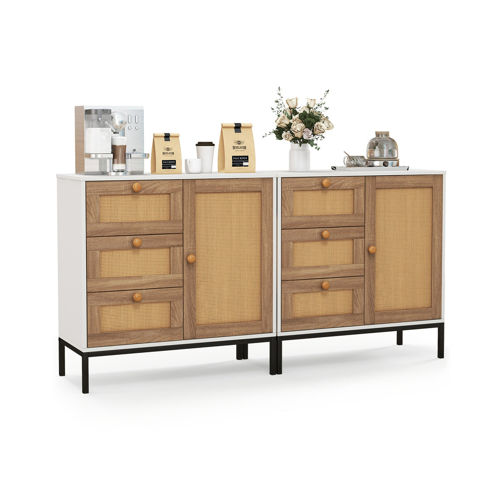 Rattan Sideboard Buffet Cabinet 1 Door 3 Drawers - White