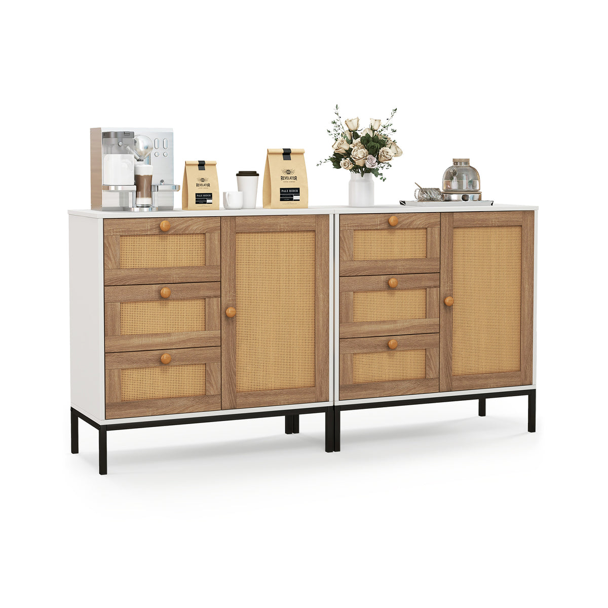 Rattan Sideboard Buffet Cabinet 1 Door 3 Drawers - White