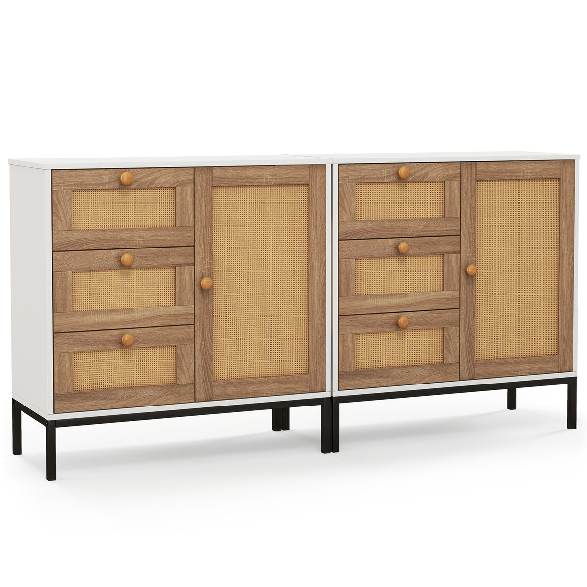 Rattan Sideboard Buffet Cabinet 1 Door 3 Drawers - White