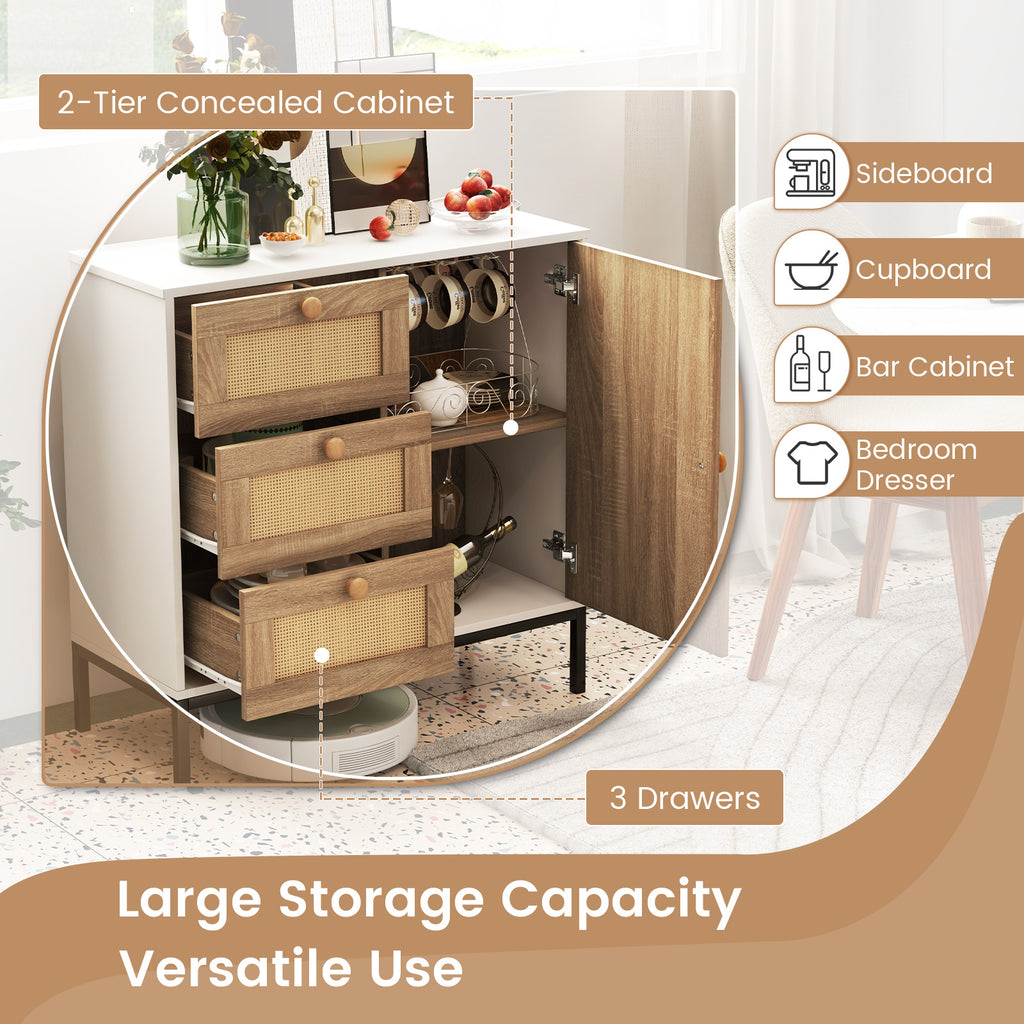 Rattan Sideboard Buffet Cabinet 1 Door 3 Drawers - White
