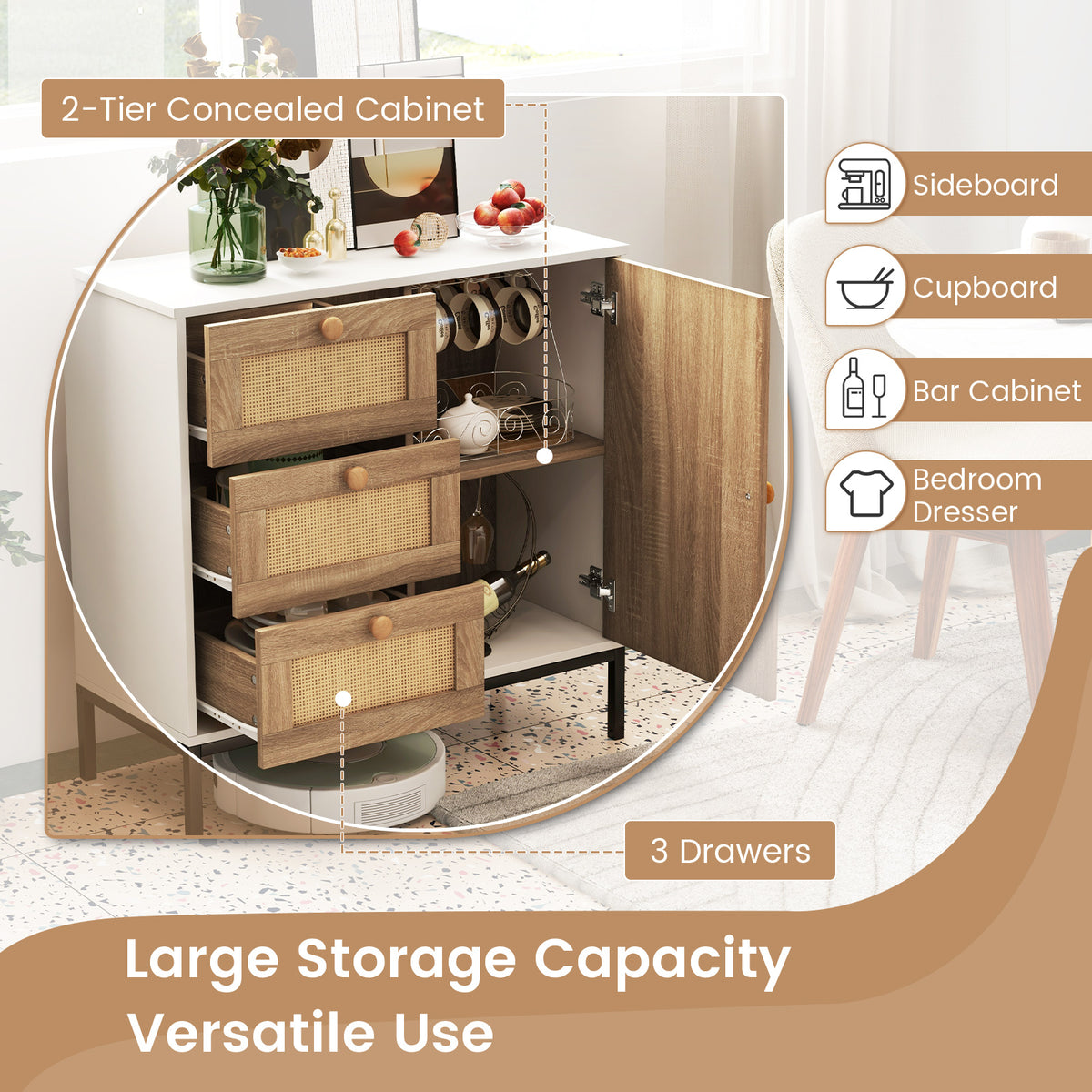 Rattan Sideboard Buffet Cabinet 1 Door 3 Drawers - White