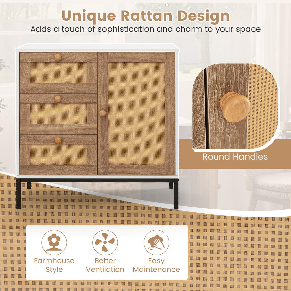Rattan Sideboard Buffet Cabinet 1 Door 3 Drawers - White