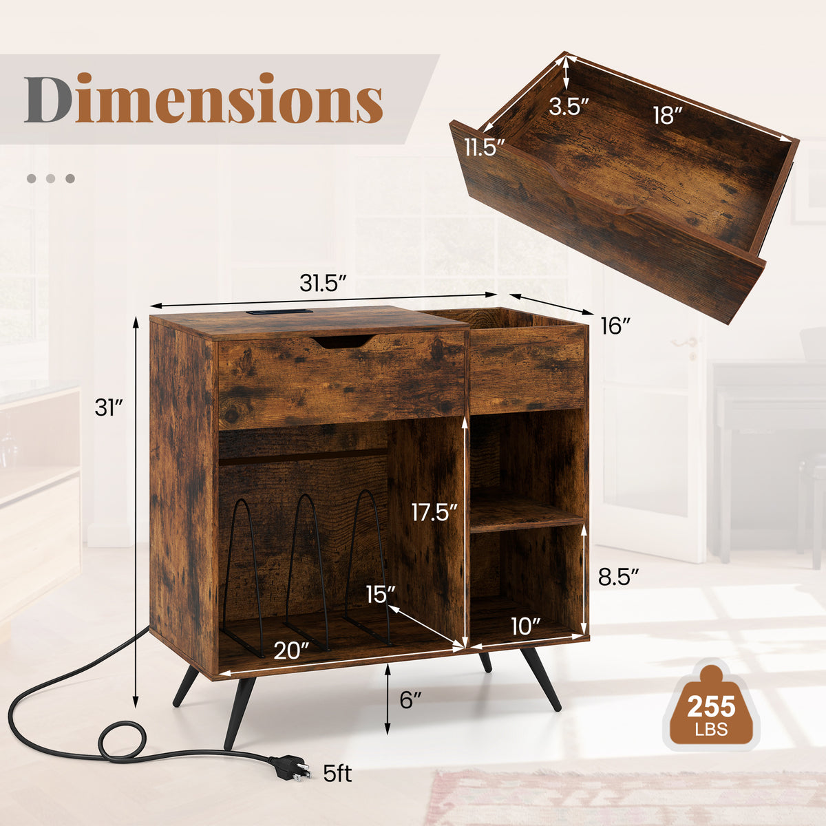 Record Player Stand with Power Outlet - Rustic Brown