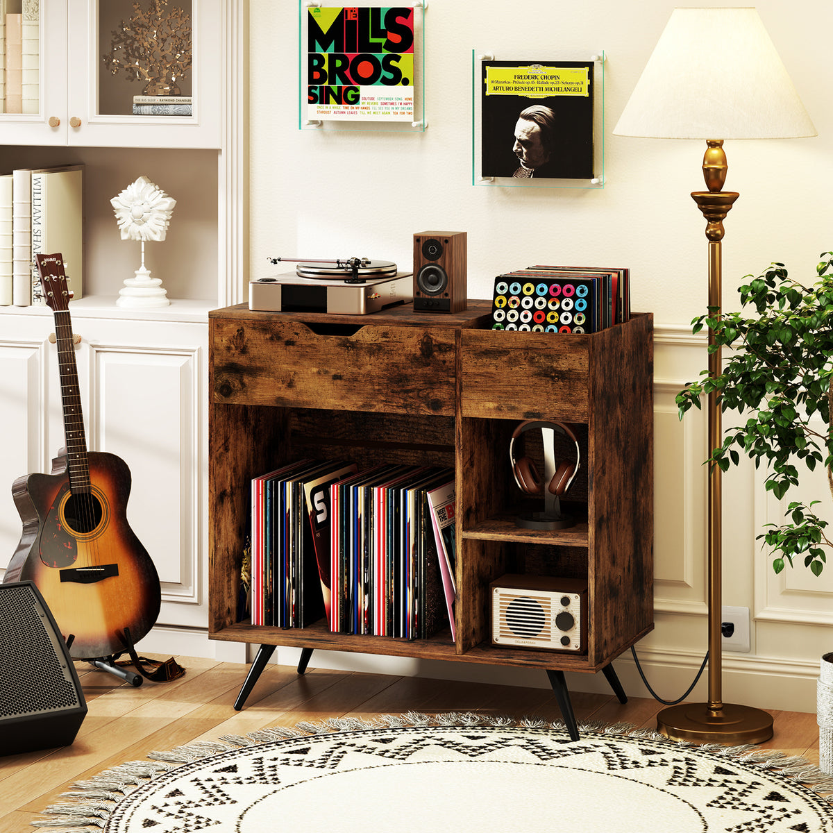 Record Player Stand with Power Outlet - Rustic Brown