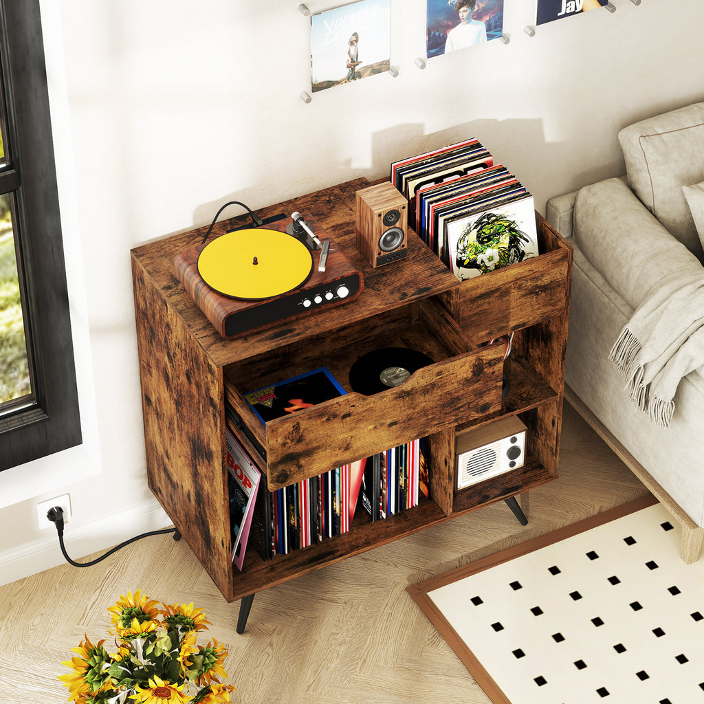 Record Player Stand with Power Outlet - Rustic Brown