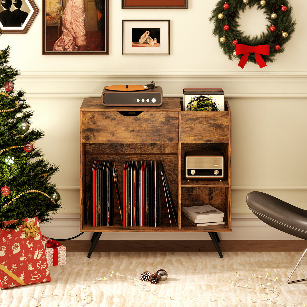 Record Player Stand with Power Outlet - Rustic Brown