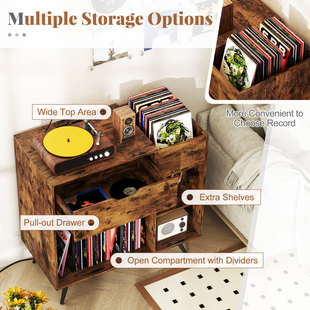Record Player Stand with Power Outlet - Rustic Brown