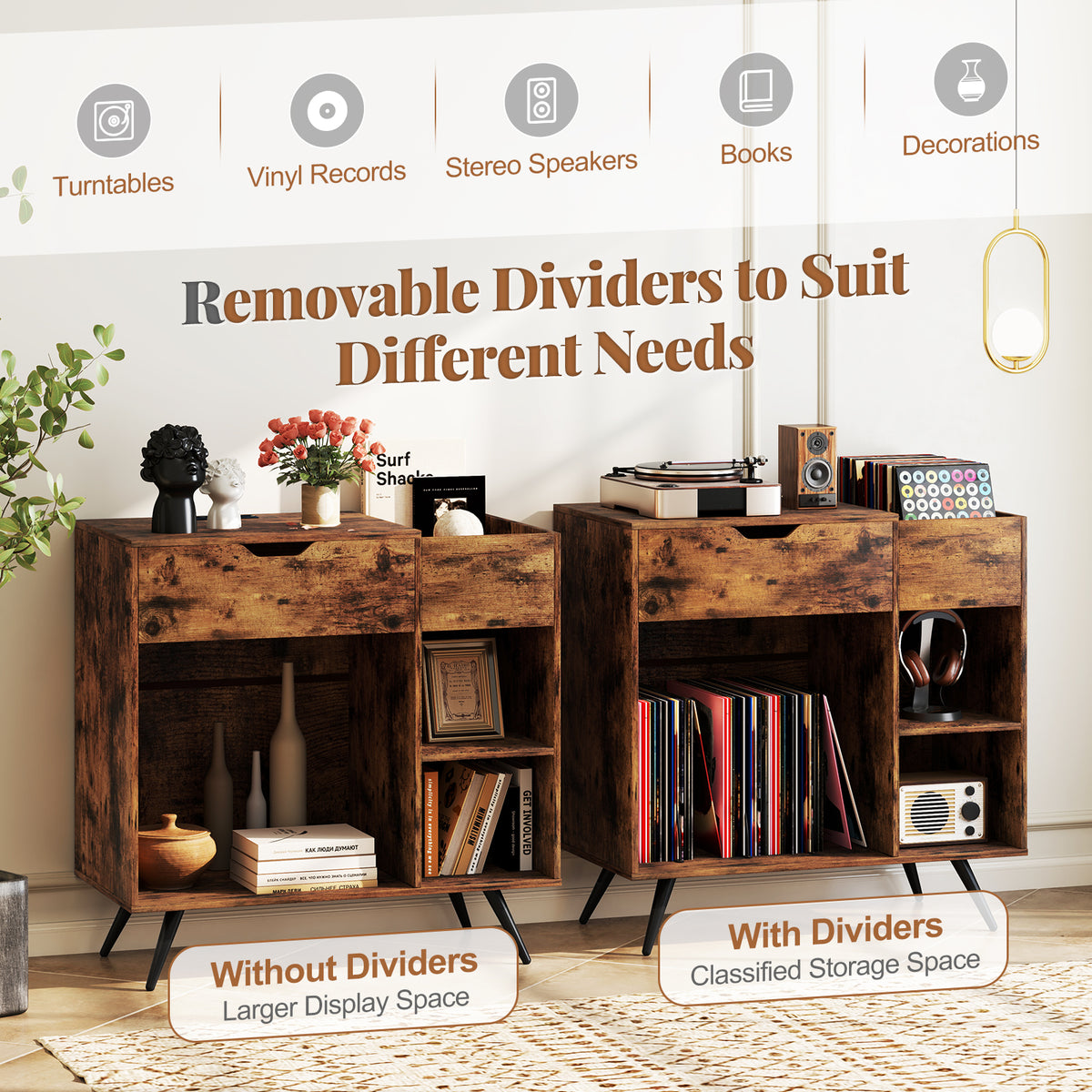 Record Player Stand with Power Outlet - Rustic Brown