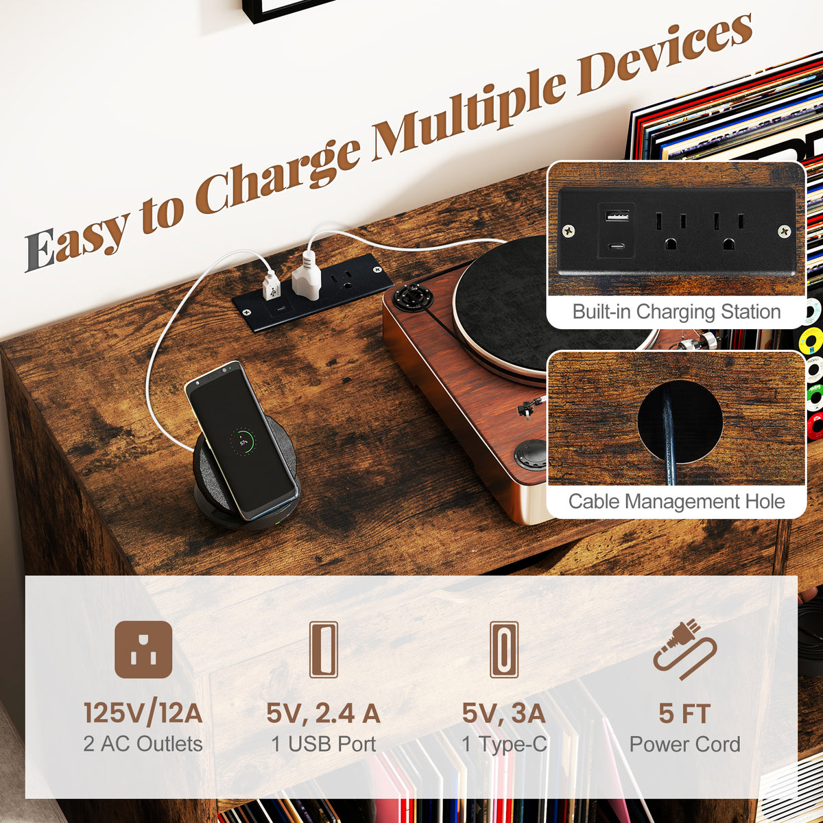 Record Player Stand with Power Outlet - Rustic Brown