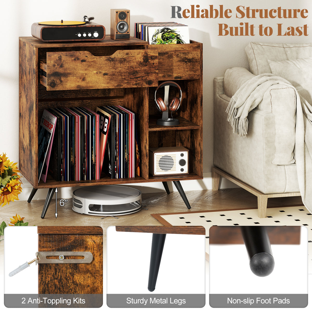 Record Player Stand with Power Outlet - Rustic Brown