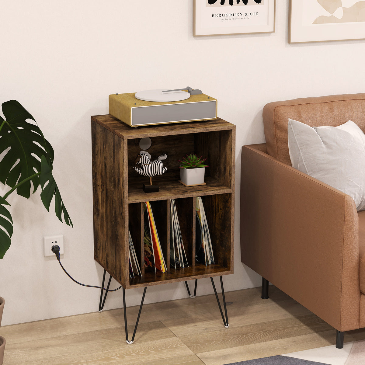 Record Player Stand with Charging Station, Rustic Brown