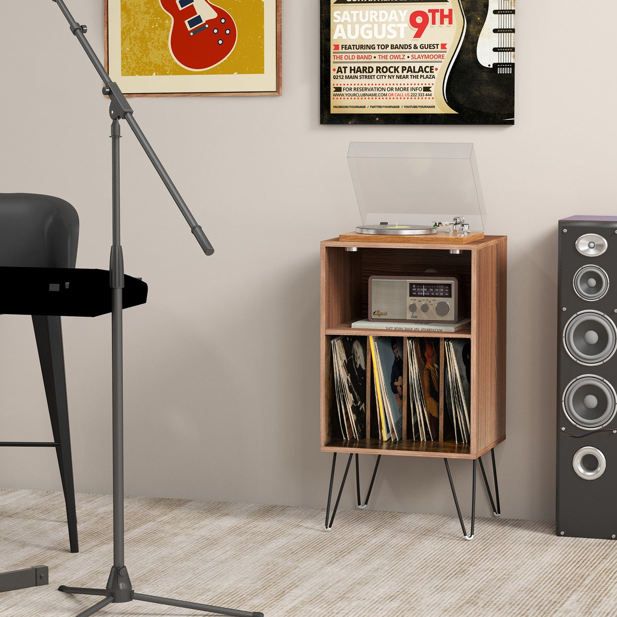 Record Player Stand with Charging Station, Rustic Brown