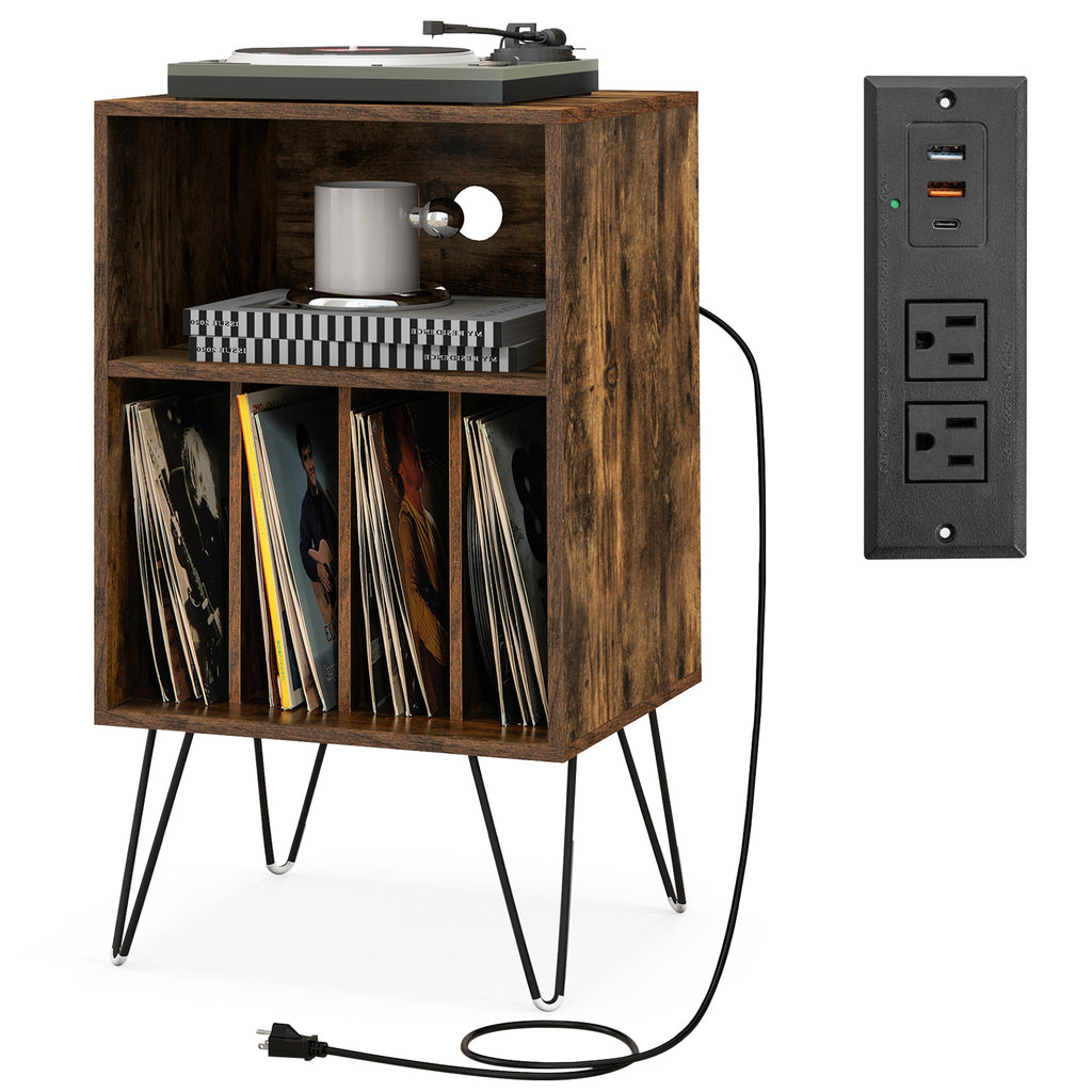 Record Player Stand with Charging Station, Rustic Brown