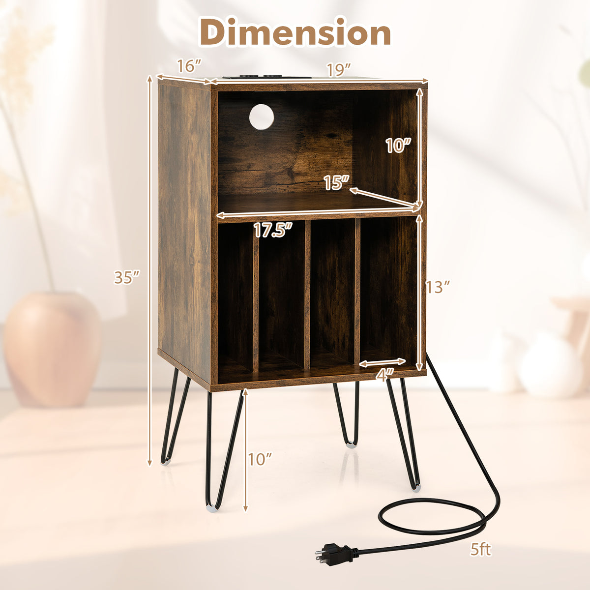 Record Player Stand with Charging Station, Rustic Brown