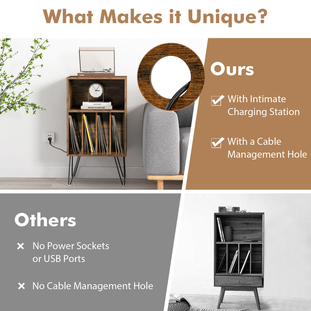Record Player Stand with Charging Station, Rustic Brown