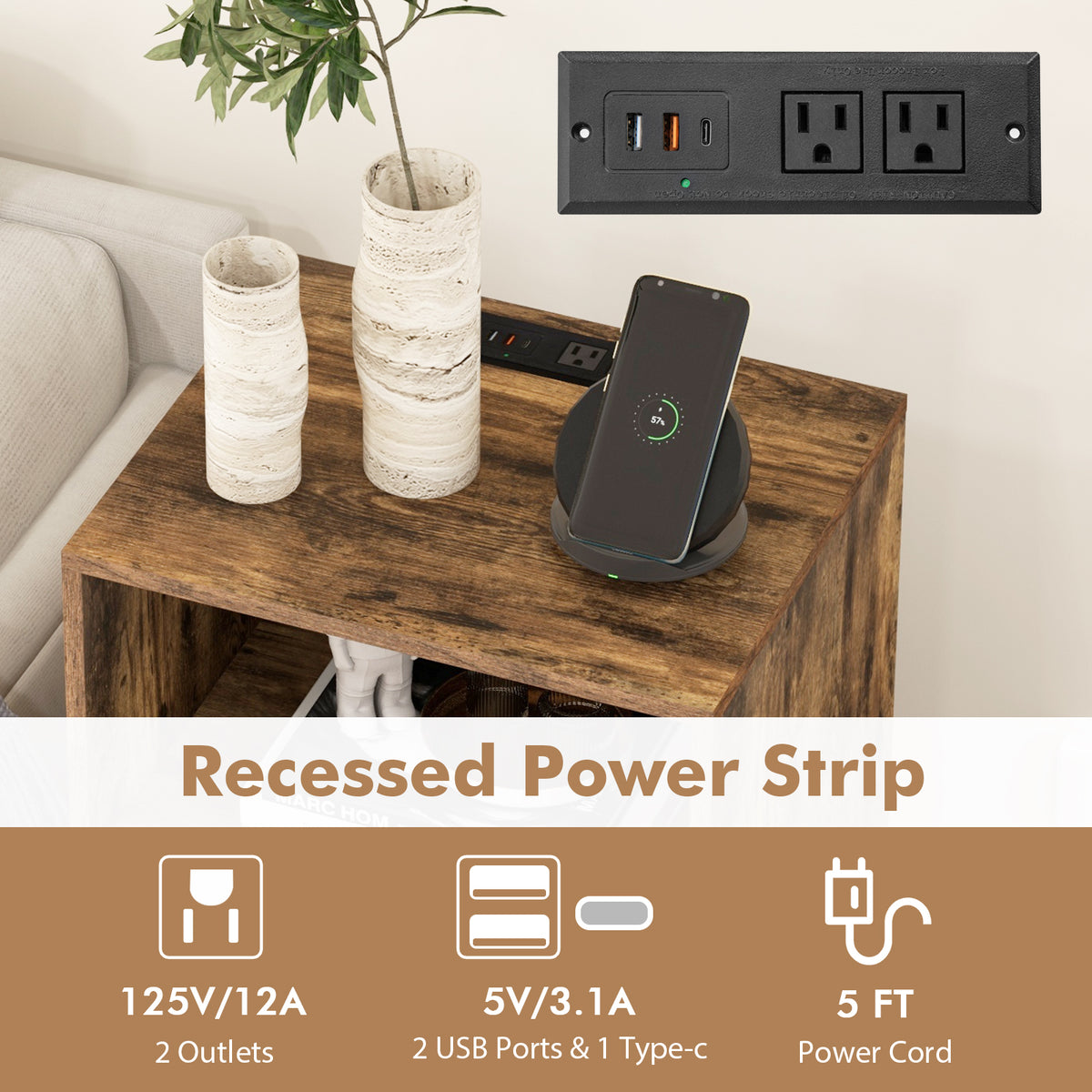 Record Player Stand with Charging Station, Rustic Brown
