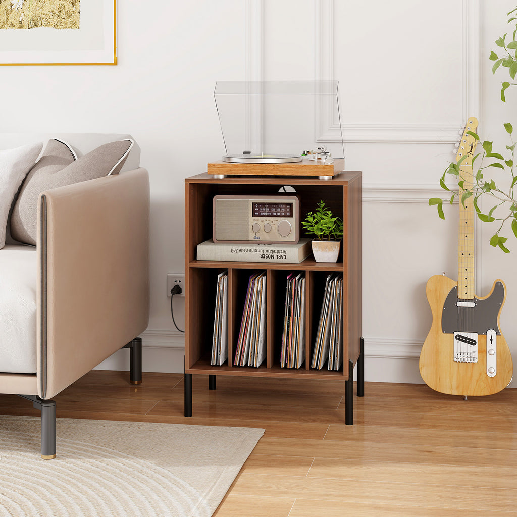 Record Player Stand with Storage Shelf & Charging Station - Black