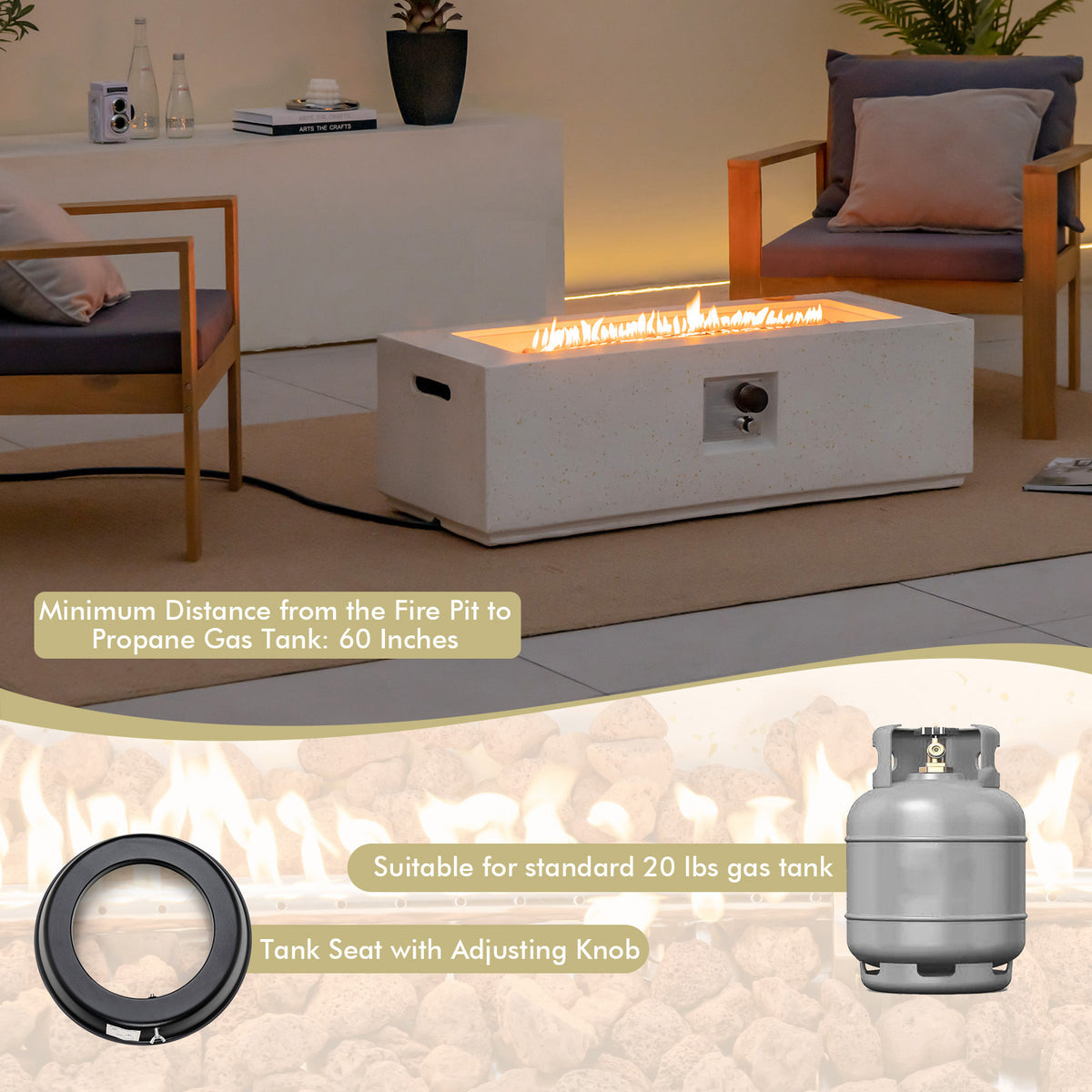 42 Inch Fire Pit Table 50000 BTU Rectangle Terrazzo – White