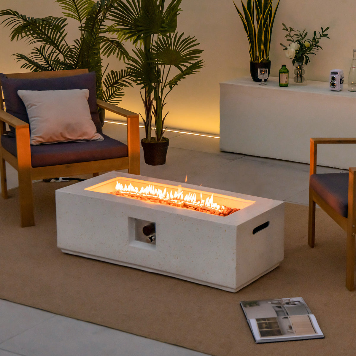 42 Inch Fire Pit Table 50000 BTU Rectangle Terrazzo – White