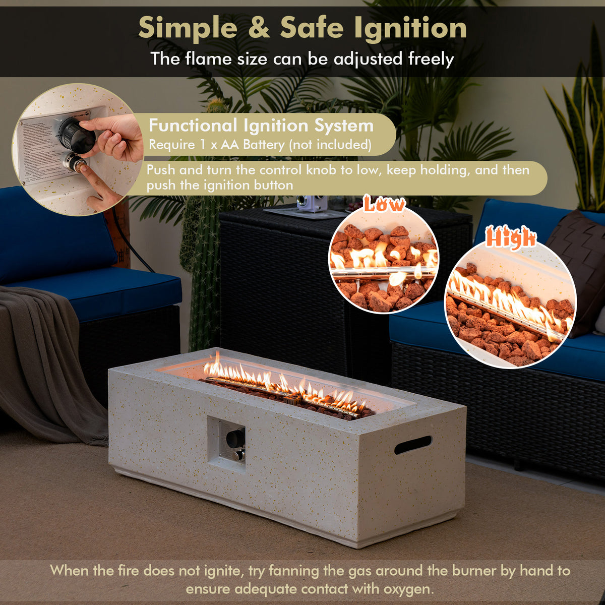 42 Inch Fire Pit Table 50000 BTU Rectangle Terrazzo – White
