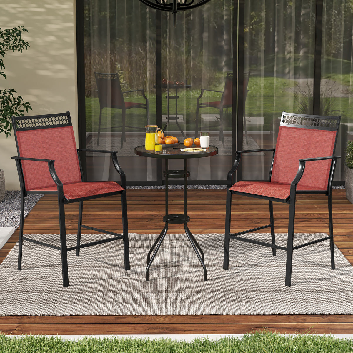 Outdoor Counter Stools Set of 2, Red – 25" Seat Height with Armrests