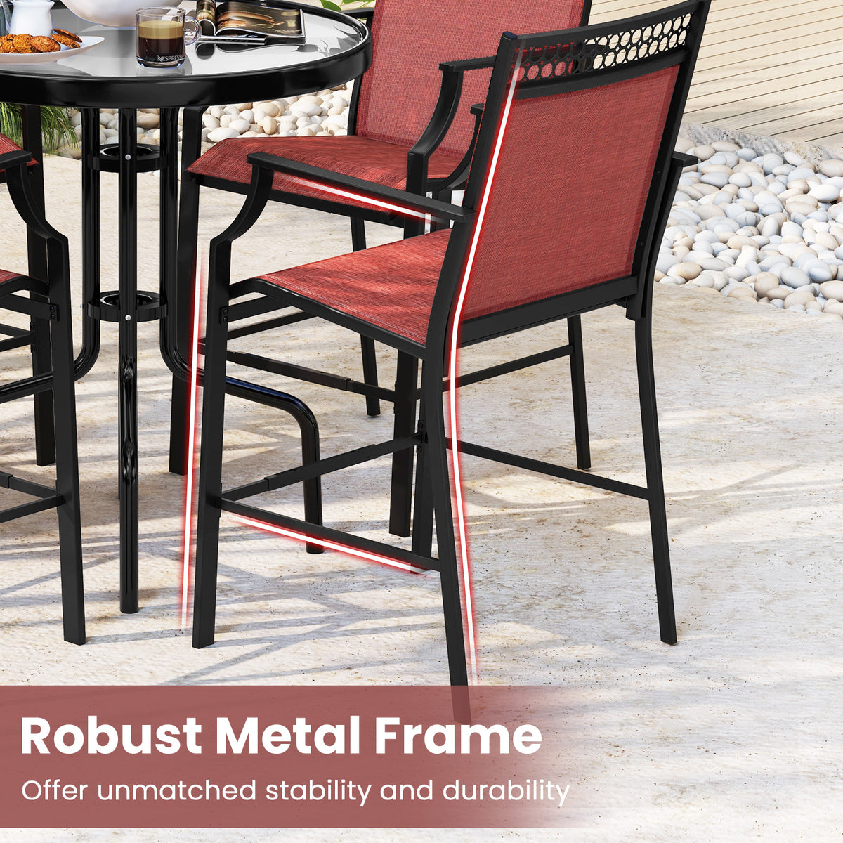 Outdoor Counter Stools Set of 2, Red – 25" Seat Height with Armrests