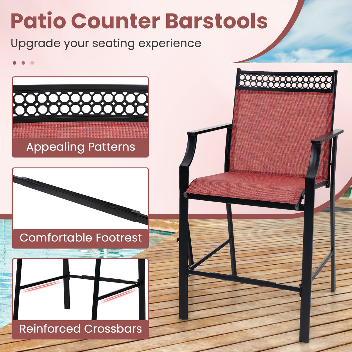 Outdoor Counter Stools Set of 2, Red – 25" Seat Height with Armrests